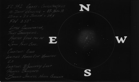 IC 342 10-Inch Reflector @ 114x 0.50° FOV; Difficult from my moderately light polluted backyard. Limiting magnitude was 5.0  